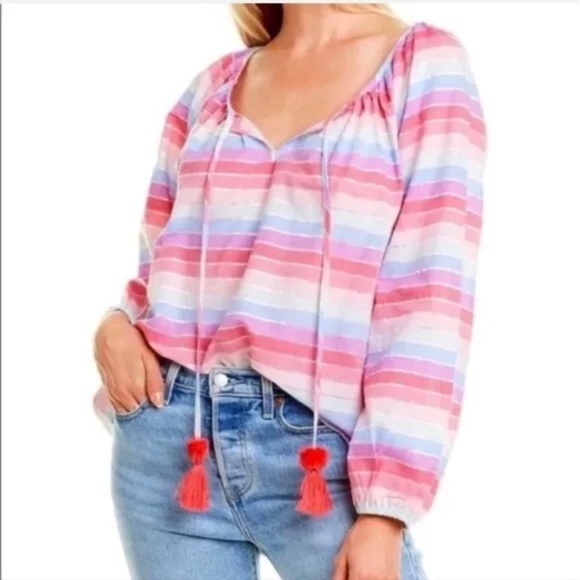 J. CREW Top Blouse Stripes Boho Cotton Peasant Festival Metallic Pink Small - Picture 1 of 10